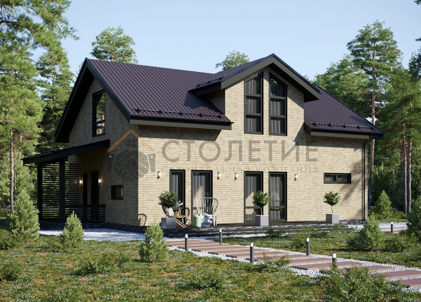 Дом каркасный 12х12 ДК-118 фасад в ситле Кирпич