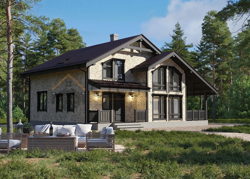 Дом из бруса 12,5x13 ДБ-102 фасад в ситле Кирпич