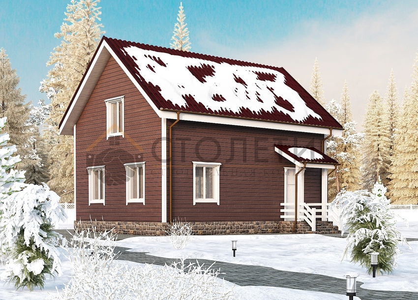 Дом из бруса 6x8 ДБ-19 фасад в ситле Зима