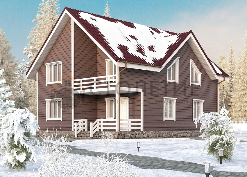 Дом из бруса 8x10 ДБ-50 фасад в ситле Зима