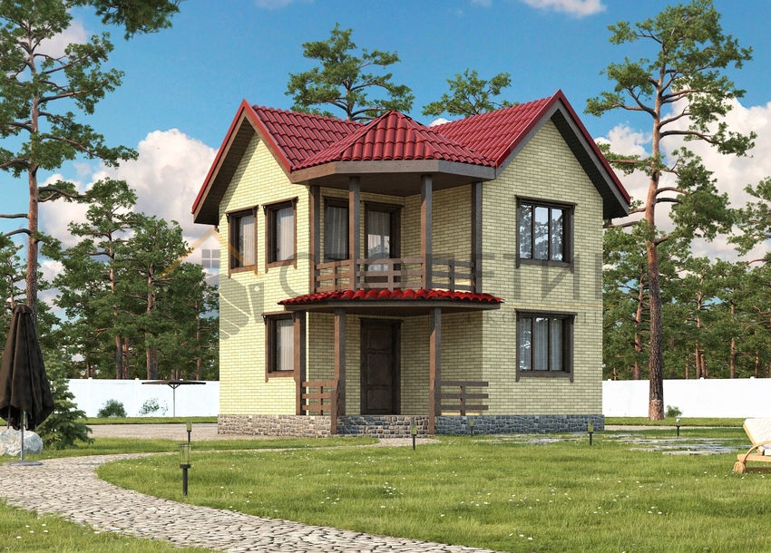 Дом из бруса 6,5x6,5 ДБ-74 фасад в ситле Кирпич
