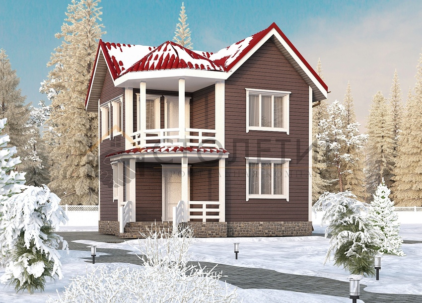 Дом из бруса 7,5x7,5 ДБ-75 фасад в ситле Зима