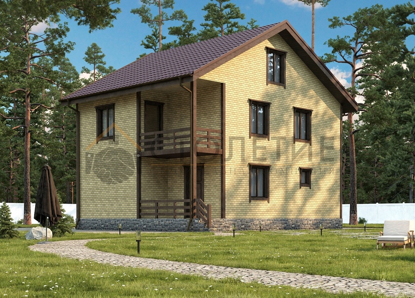 Дом каркасный 7х9 ДК-38 фасад в ситле Кирпич