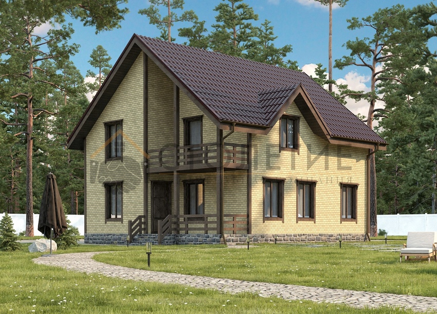 Дом каркасный 8x9 ДК-55 фасад в ситле Кирпич