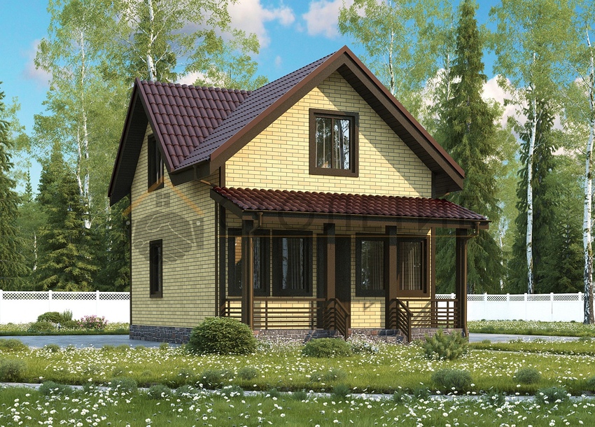 Дом каркасный 6х8,5 ДК-78 фасад в ситле Кирпич