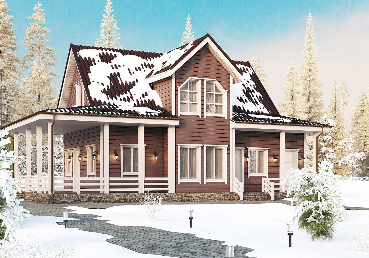 Каркасный дом ДК-81 фасад в стиле Зима