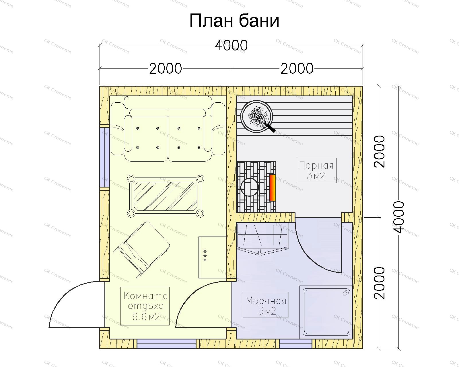 Планировка 1 этажа Баня 4x4 ББ-03 из бруса
