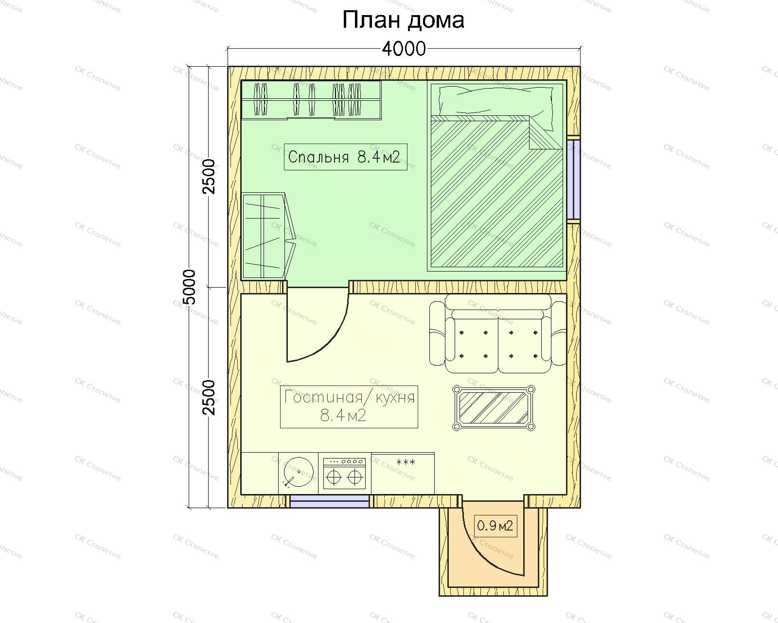 Планировка 1 этажа Дом из бруса 4х5 ДБ-01