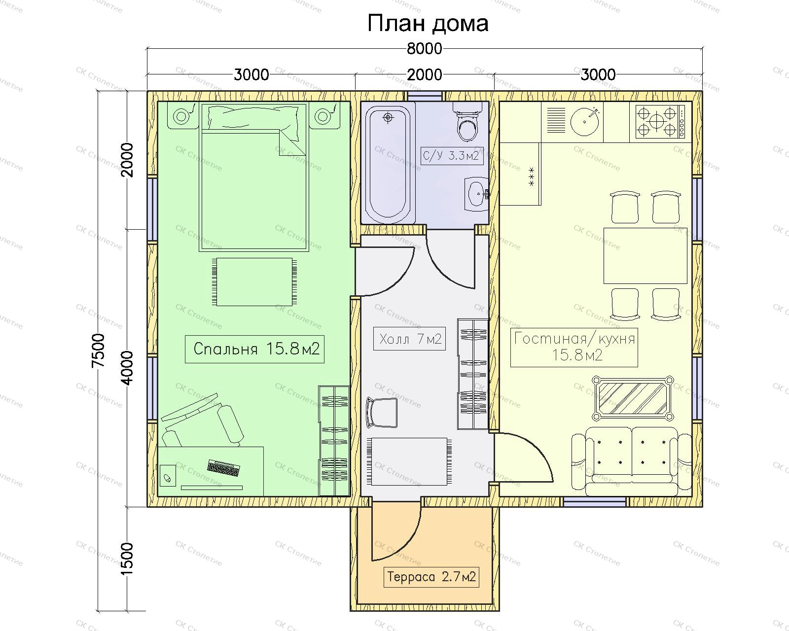Планировка 1 этажа Дом из бруса 6x8 ДБ-04