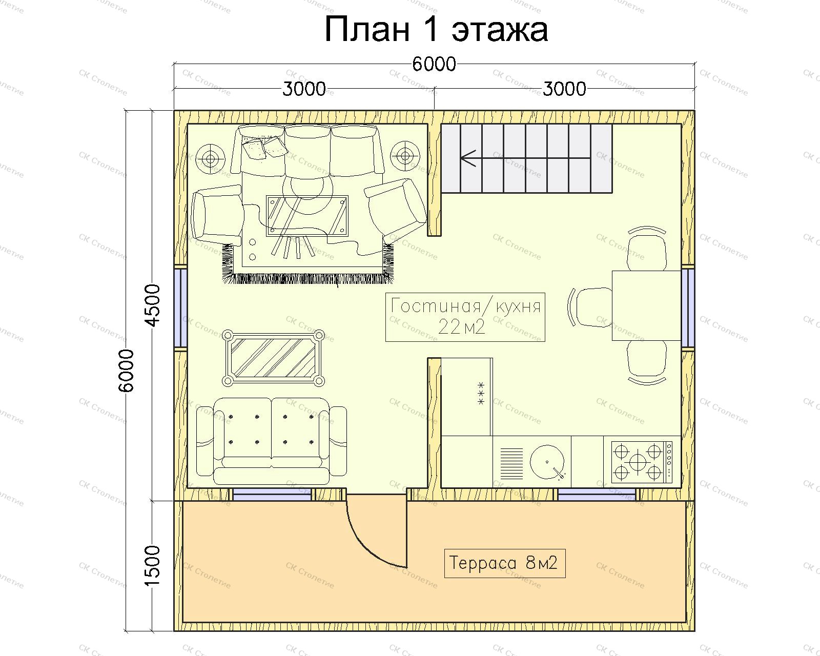 Планировка 1 этажа Дом из бруса 6x6 ДБ-10