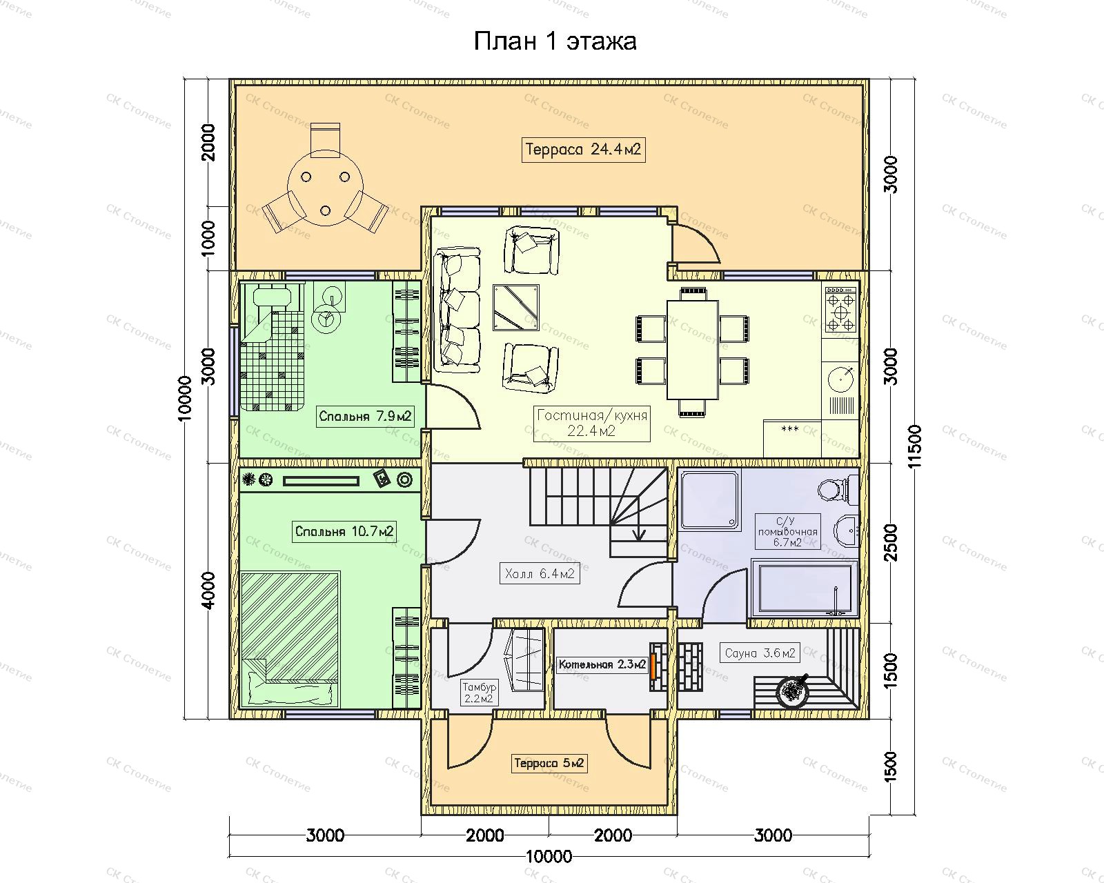 Планировка 1 этажа Дом из бруса 10x11,5 ДБ-103