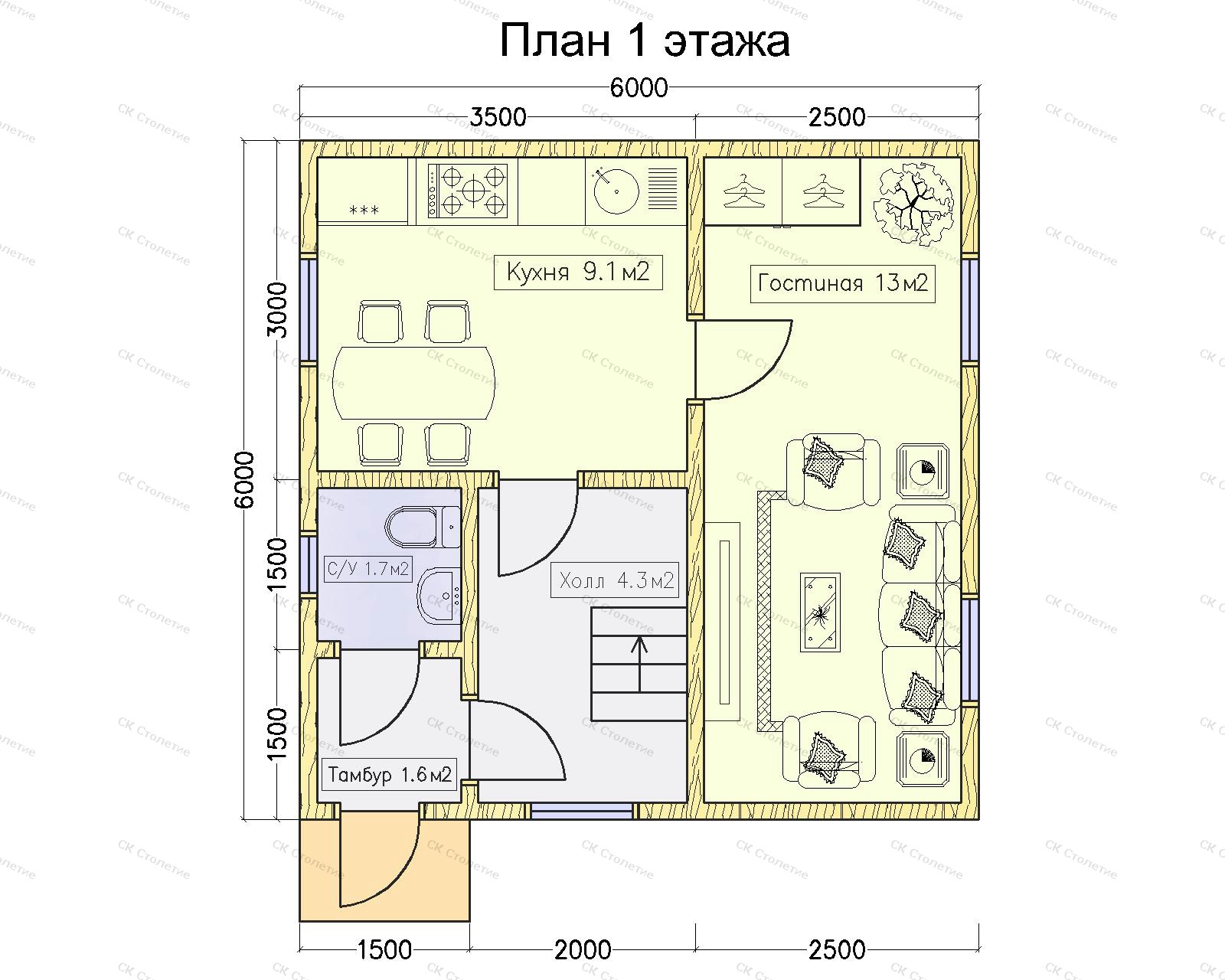 Планировка 1 этажа Дом из бруса 6x6 ДБ-11