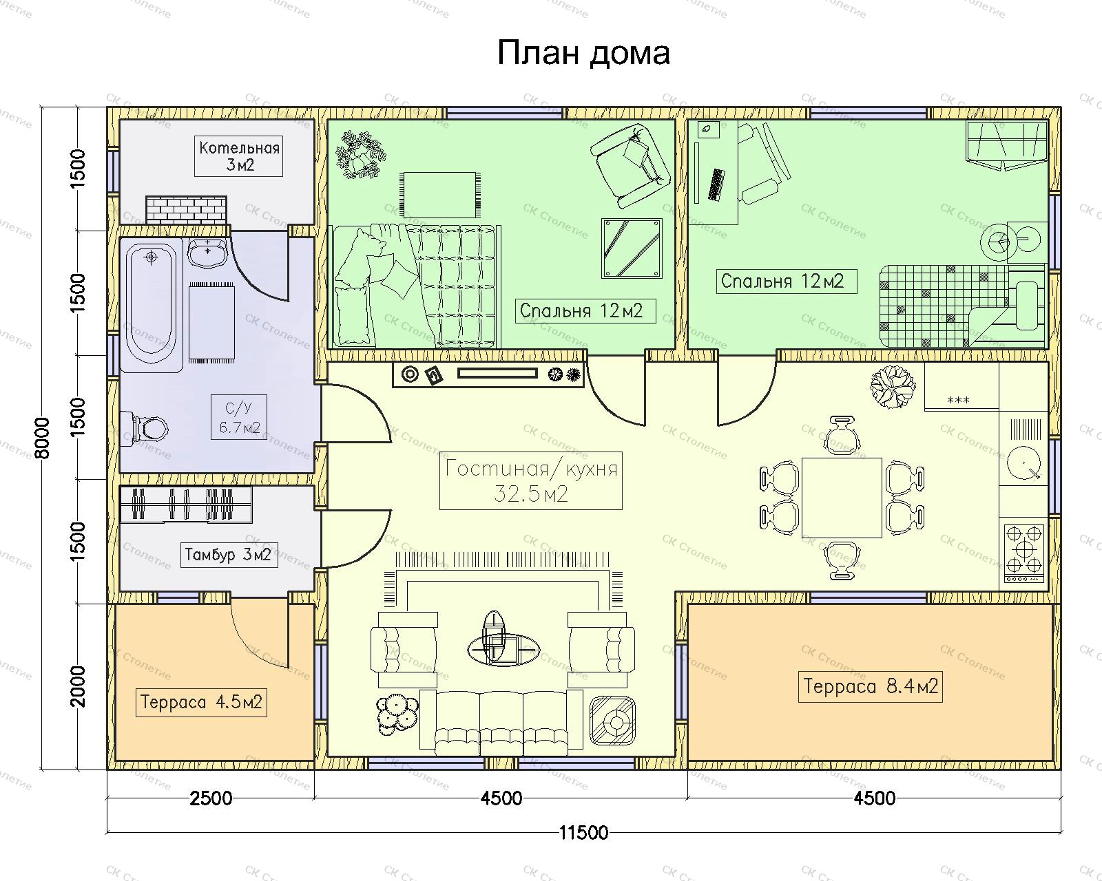 Планировка 1 этажа Дом из бруса 11,5x8 ДБ-110