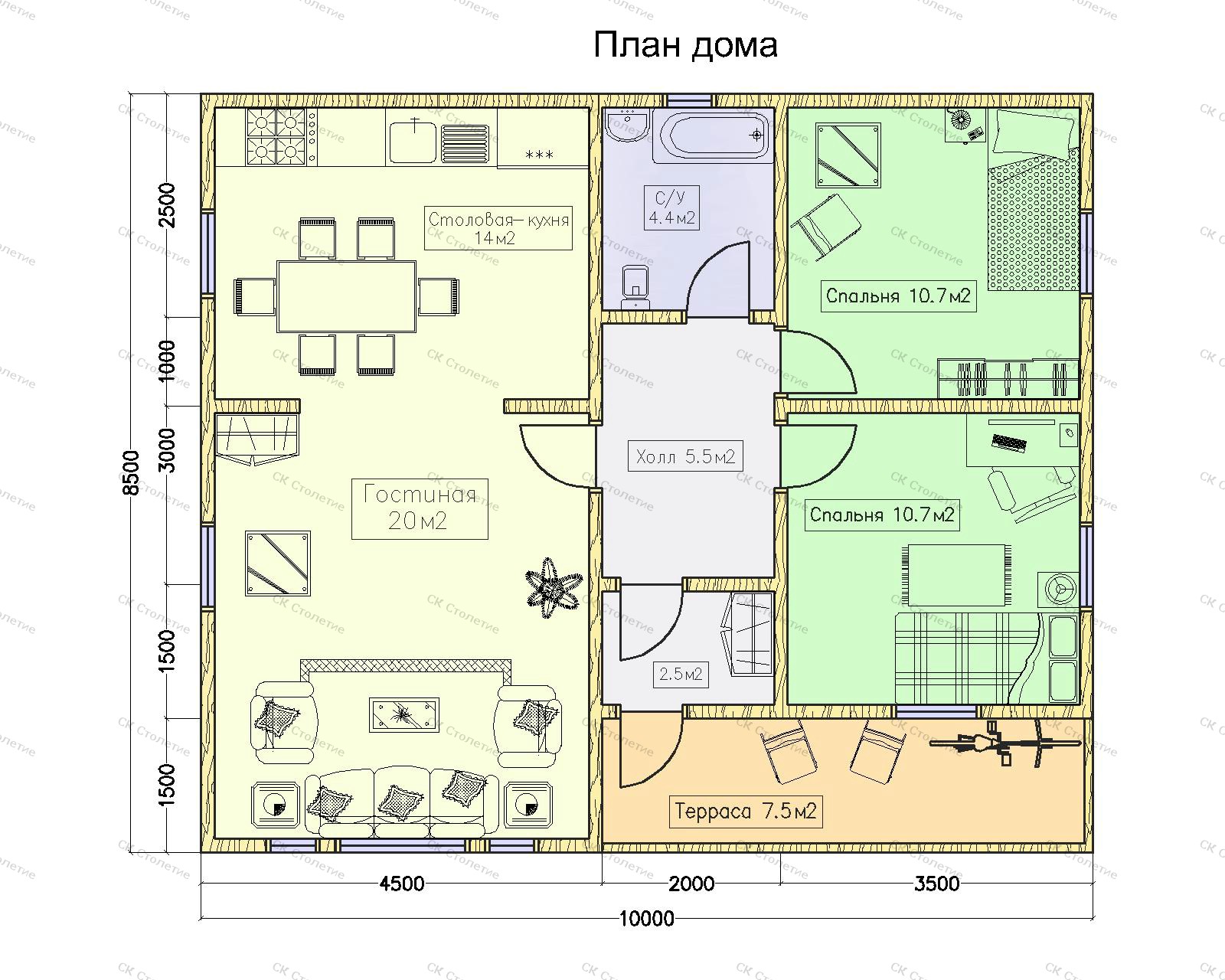 Планировка 1 этажа Дом из бруса 10x8,5 ДБ-112