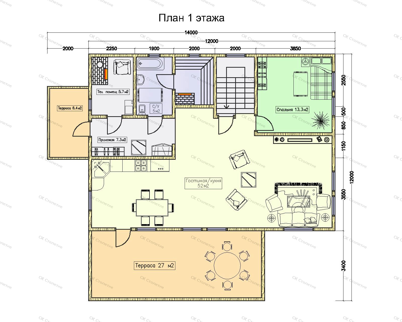 Планировка 1 этажа Дом из бруса 12х12 ДБ-118