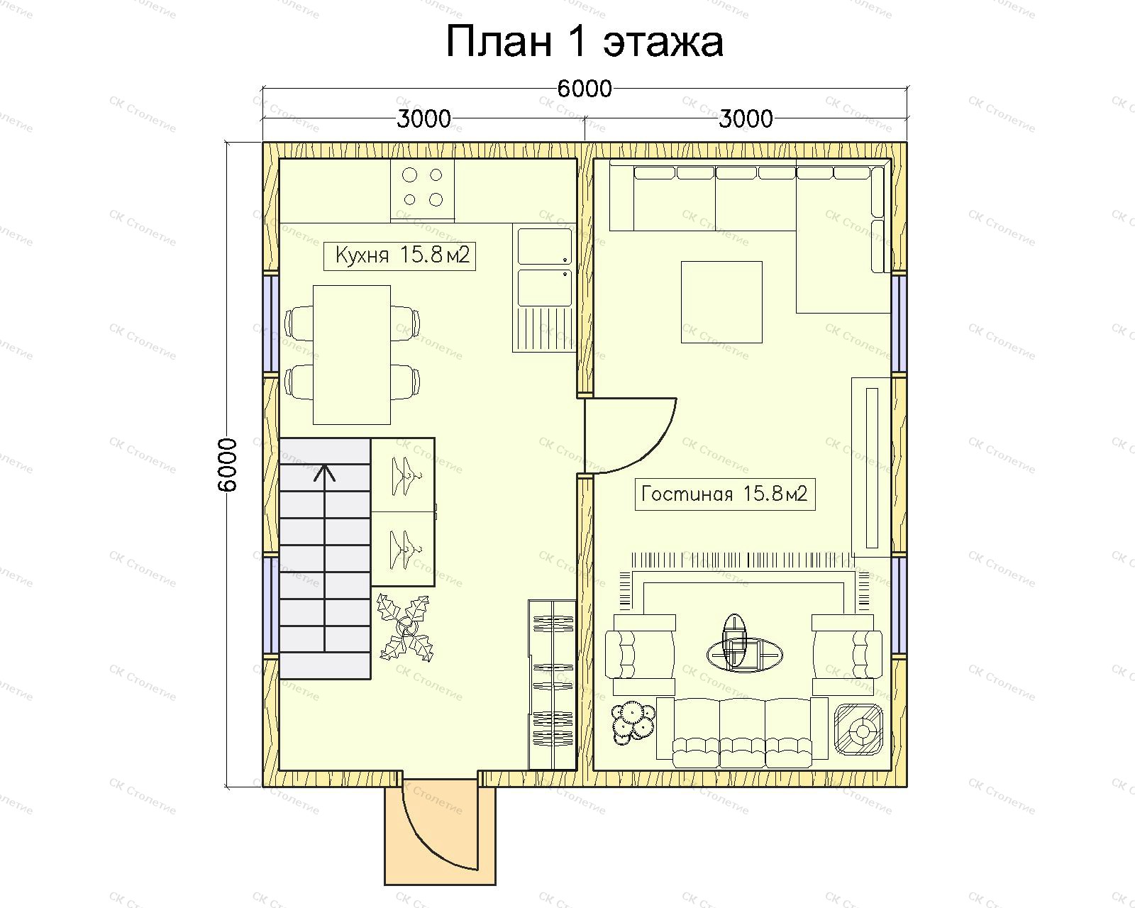 Планировка 1 этажа Дом из бруса 6x6 ДБ-12