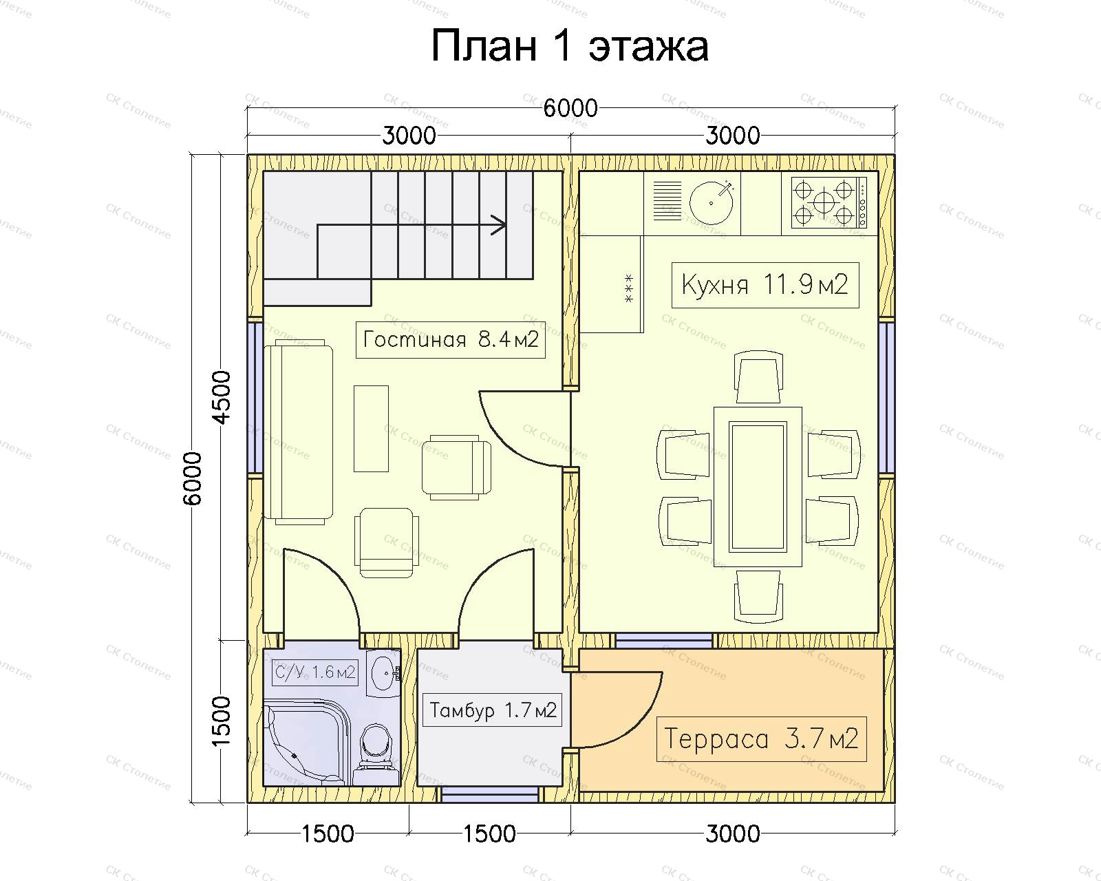 Планировка 1 этажа Дом из бруса 6x6 ДБ-13