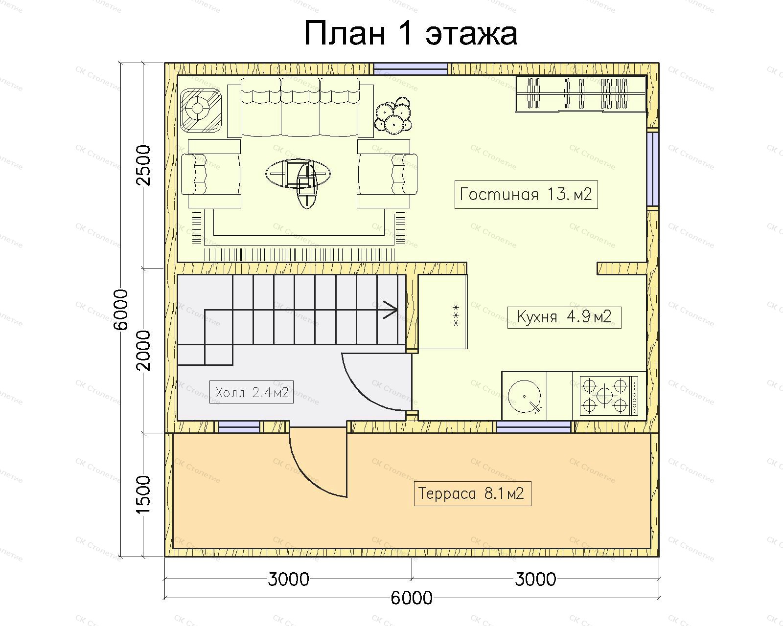 Планировка 1 этажа Дом из бруса 6x6 ДБ-14