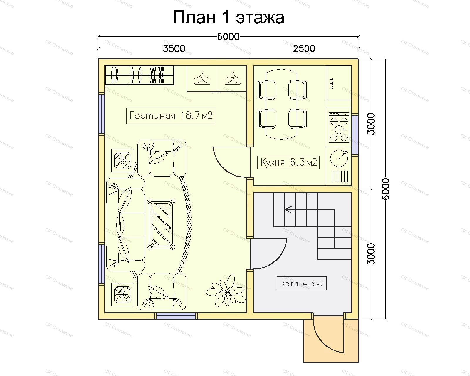 Планировка 1 этажа Дом из бруса 6x6 ДБ-15
