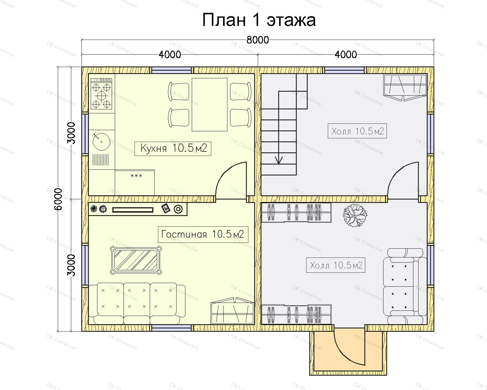 Планировка 1 этажа Дом из бруса 6x8 ДБ-19