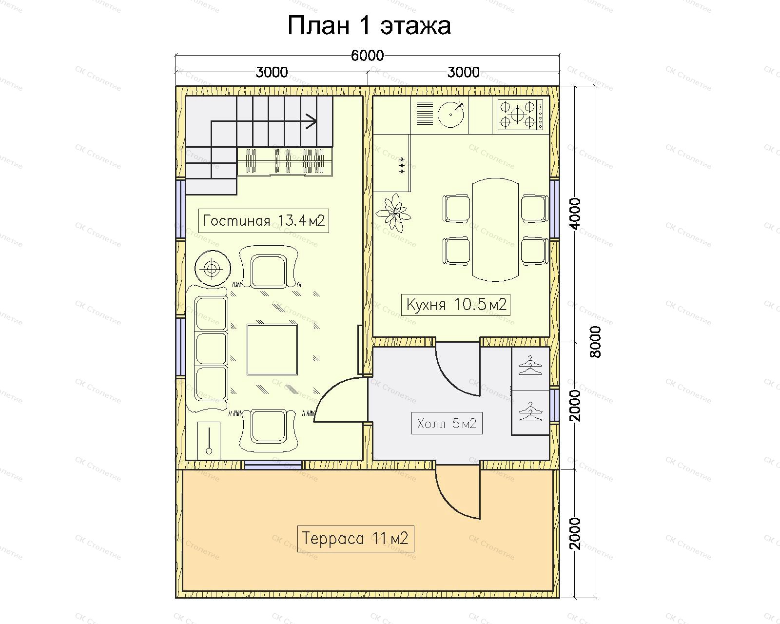 Планировка 1 этажа Дом из бруса 6x8 ДБ-21