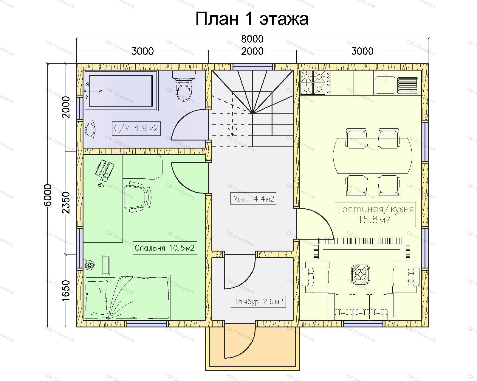 Планировка 1 этажа Дом из бруса 6x8 ДБ-23