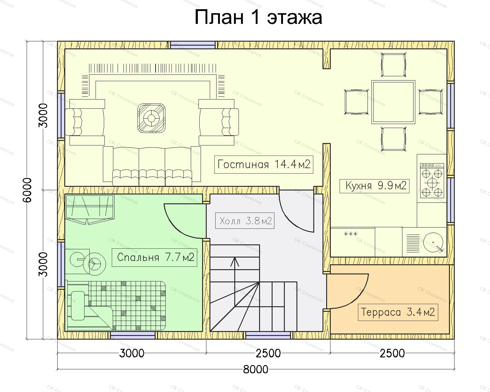 Планировка 1 этажа Сруб из бруса 6x8 СБ-24