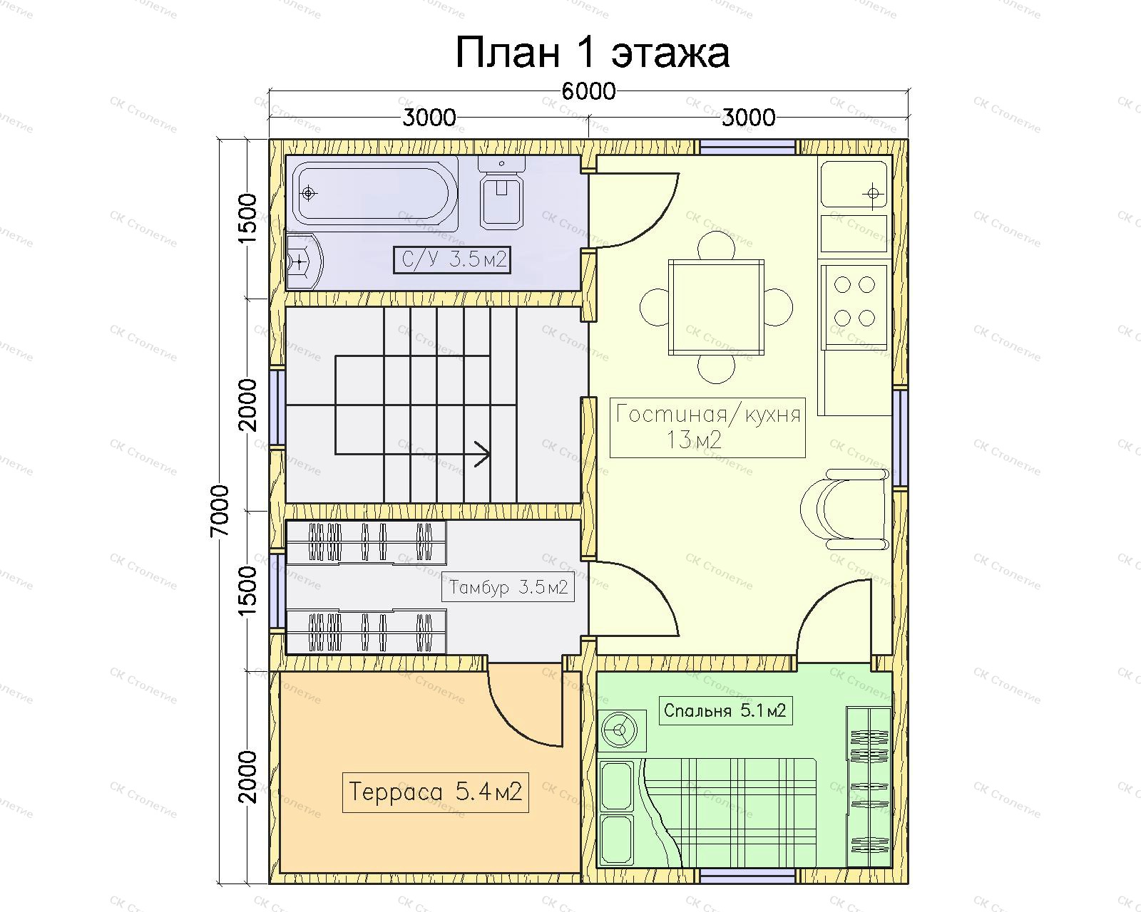 Планировка 1 этажа Дом из бруса 6x7 ДБ-29