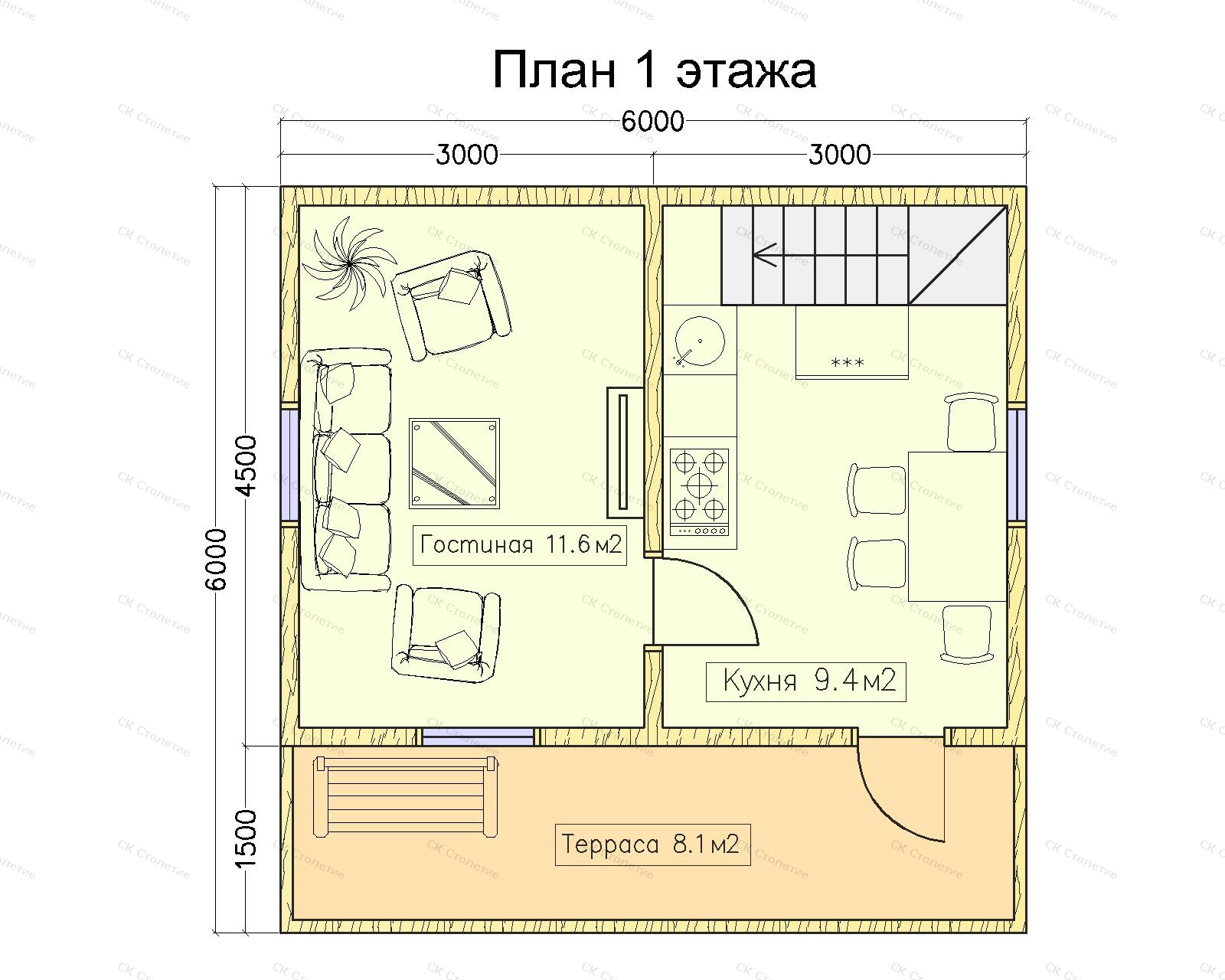 Планировка 1 этажа Сруб из бруса 6x6 СБ-31