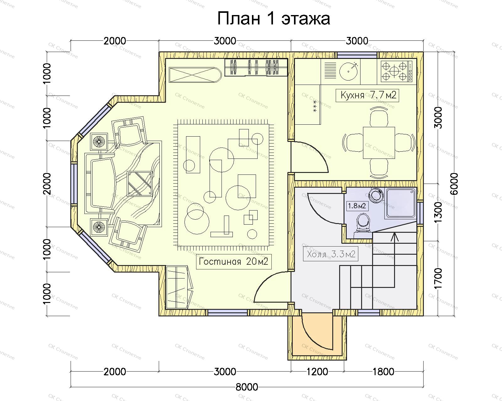 Планировка 1 этажа Дом из бруса 6x8 ДБ-32