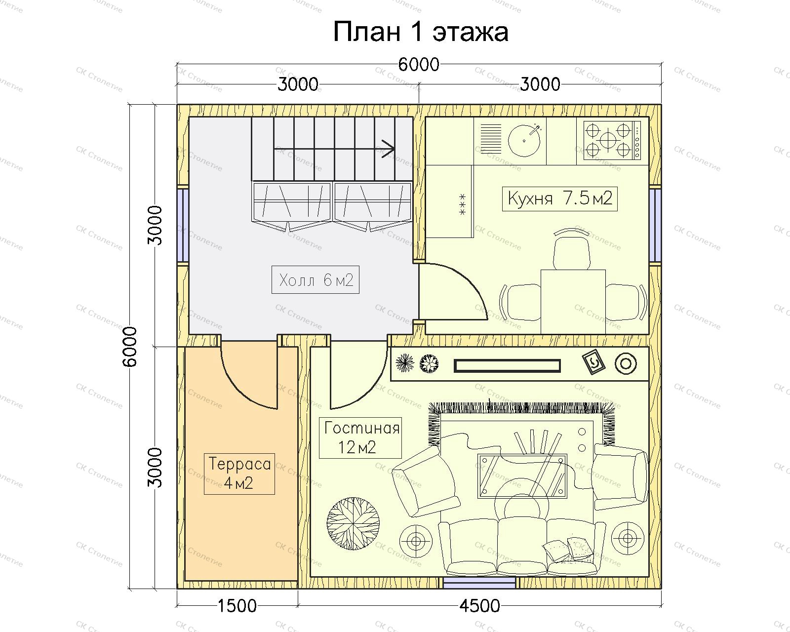 Планировка 1 этажа Дом из бруса 6x6 ДБ-57