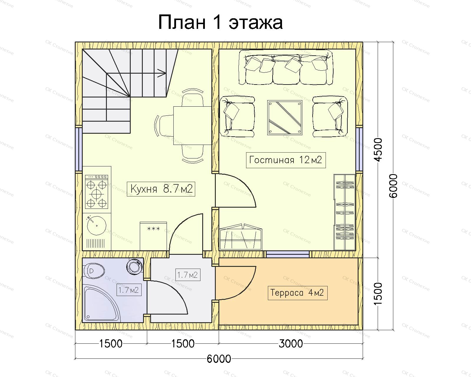 Планировка 1 этажа Дом из бруса 6x6 ДБ-59