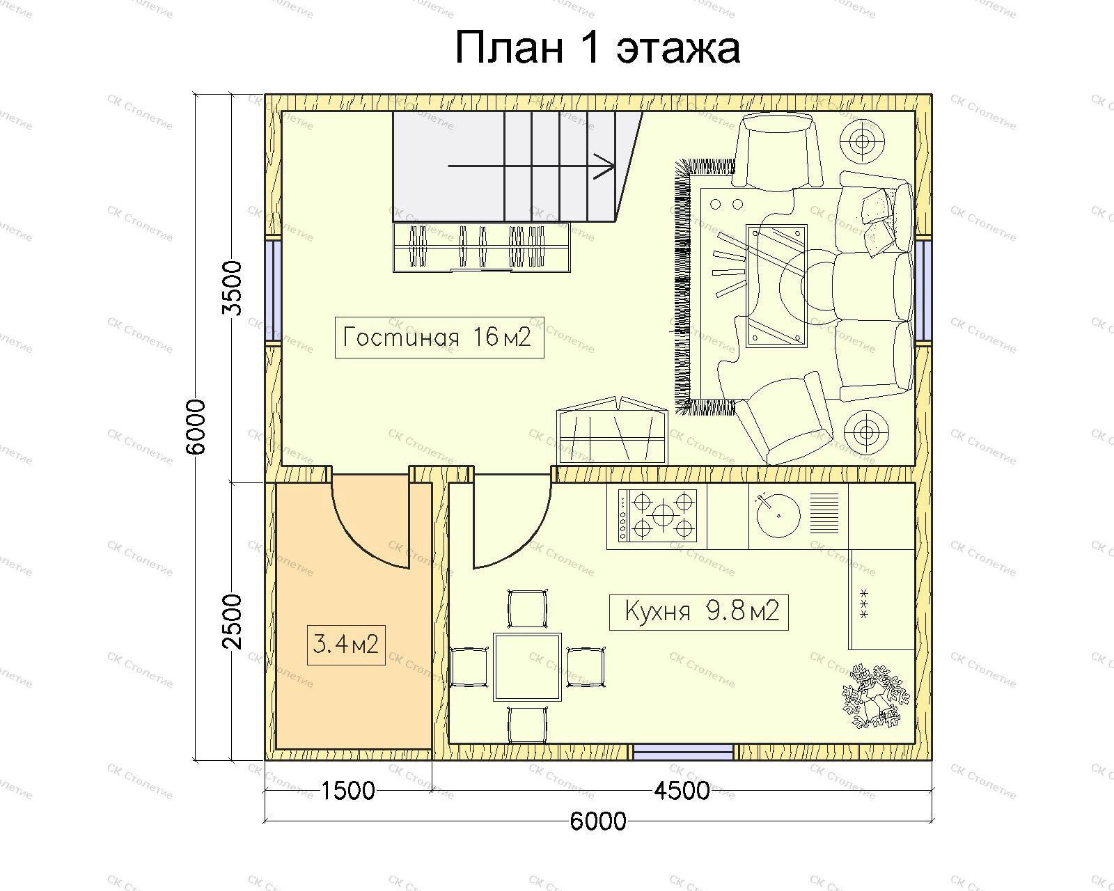 Планировка 1 этажа Дом из бруса 6x6 ДБ-60