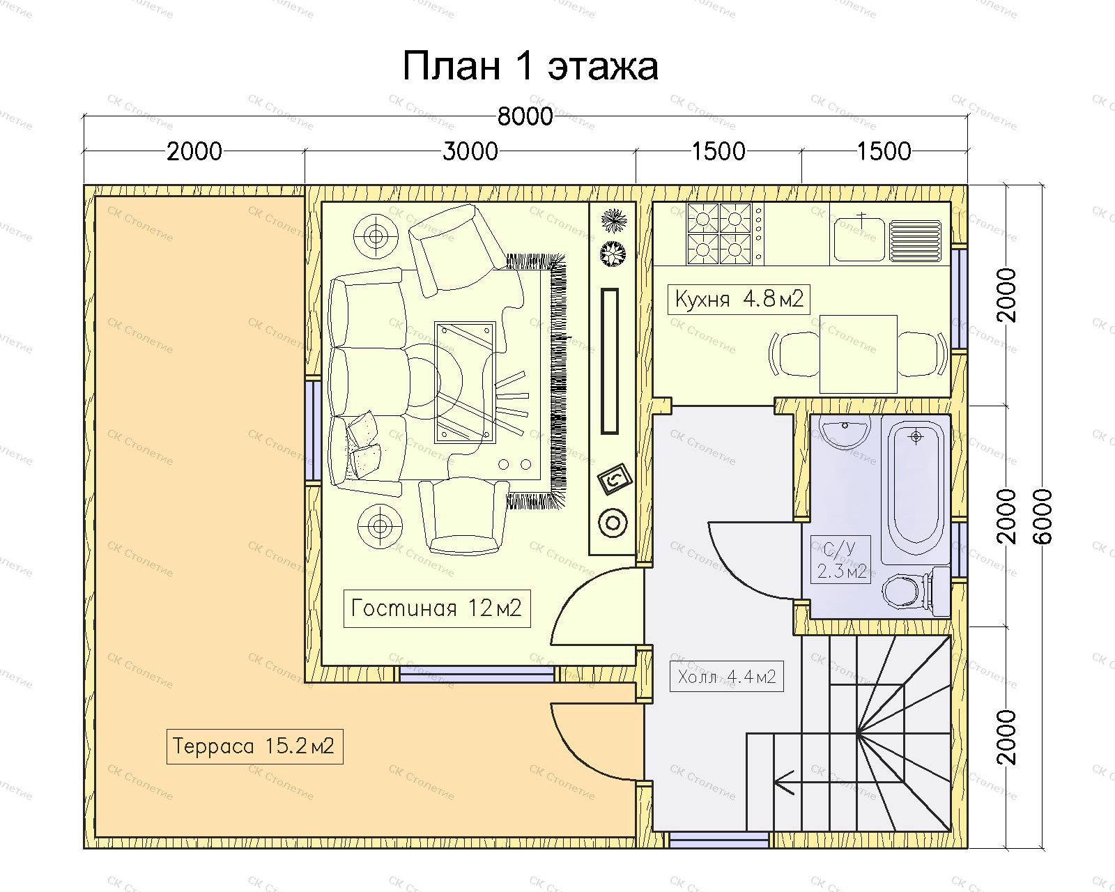 Планировка 1 этажа Дом каркасный 8x6 ДК-105