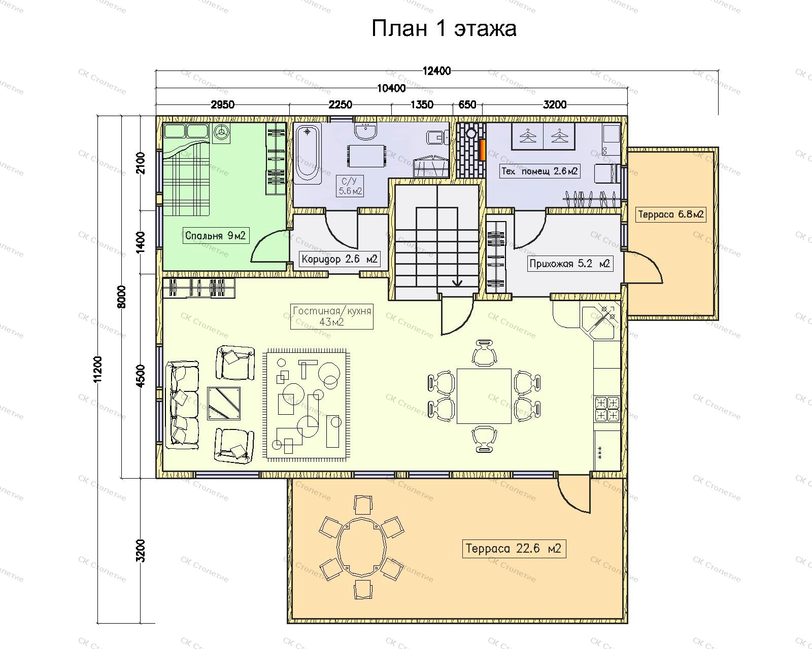 Планировка 1 этажа Дом каркасный 11,2х12,4 ДК-115