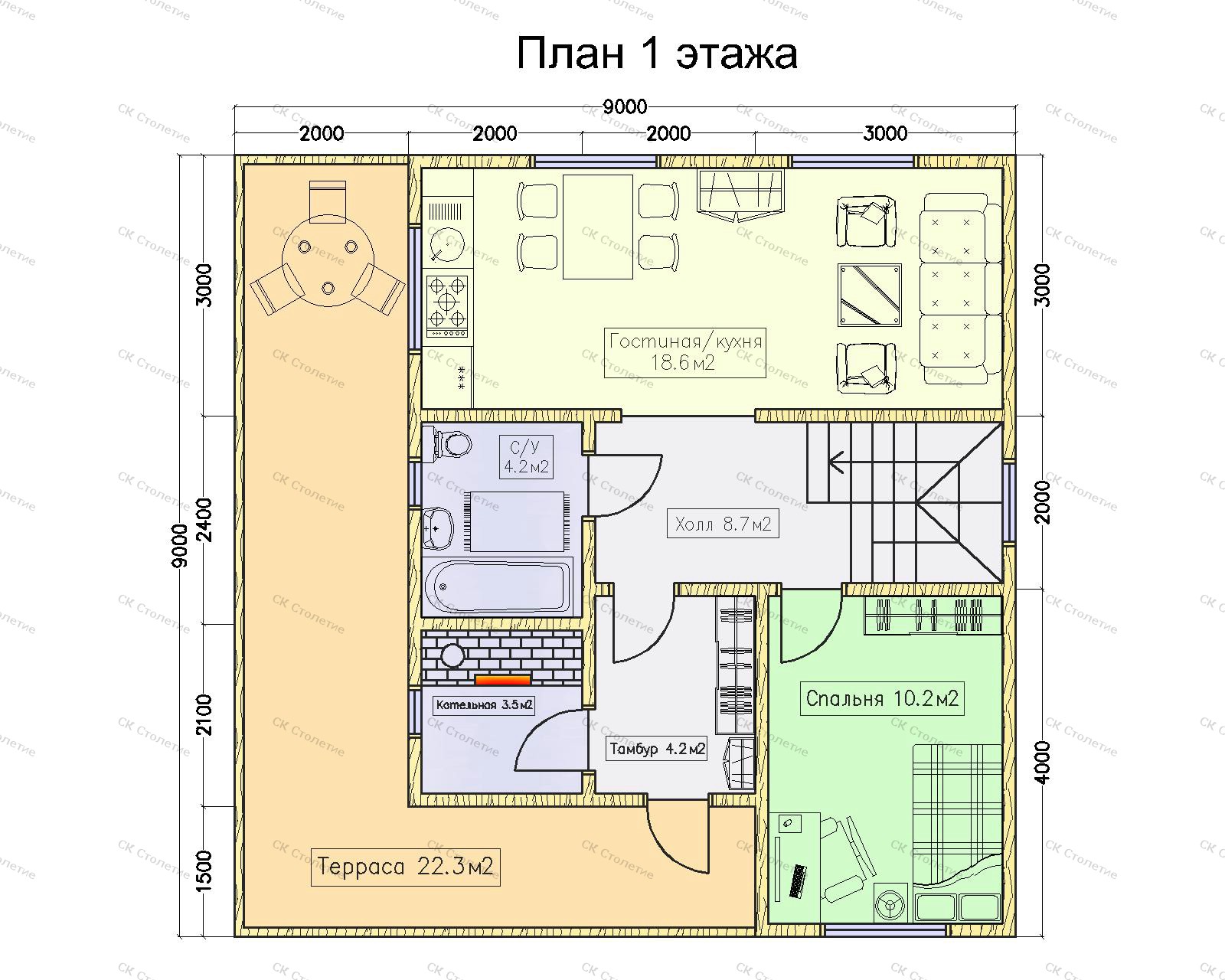 Планировка 1 этажа Дом каркасный 9х9 ДК-119