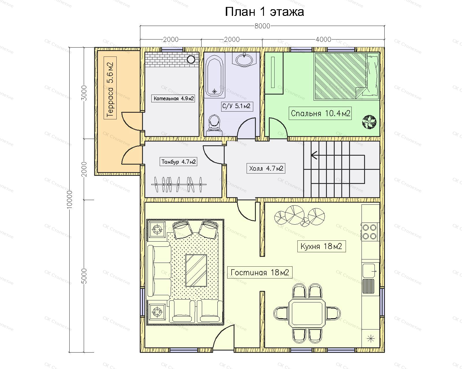 Планировка 1 этажа Дом из бруса 8х10 ДБ-90